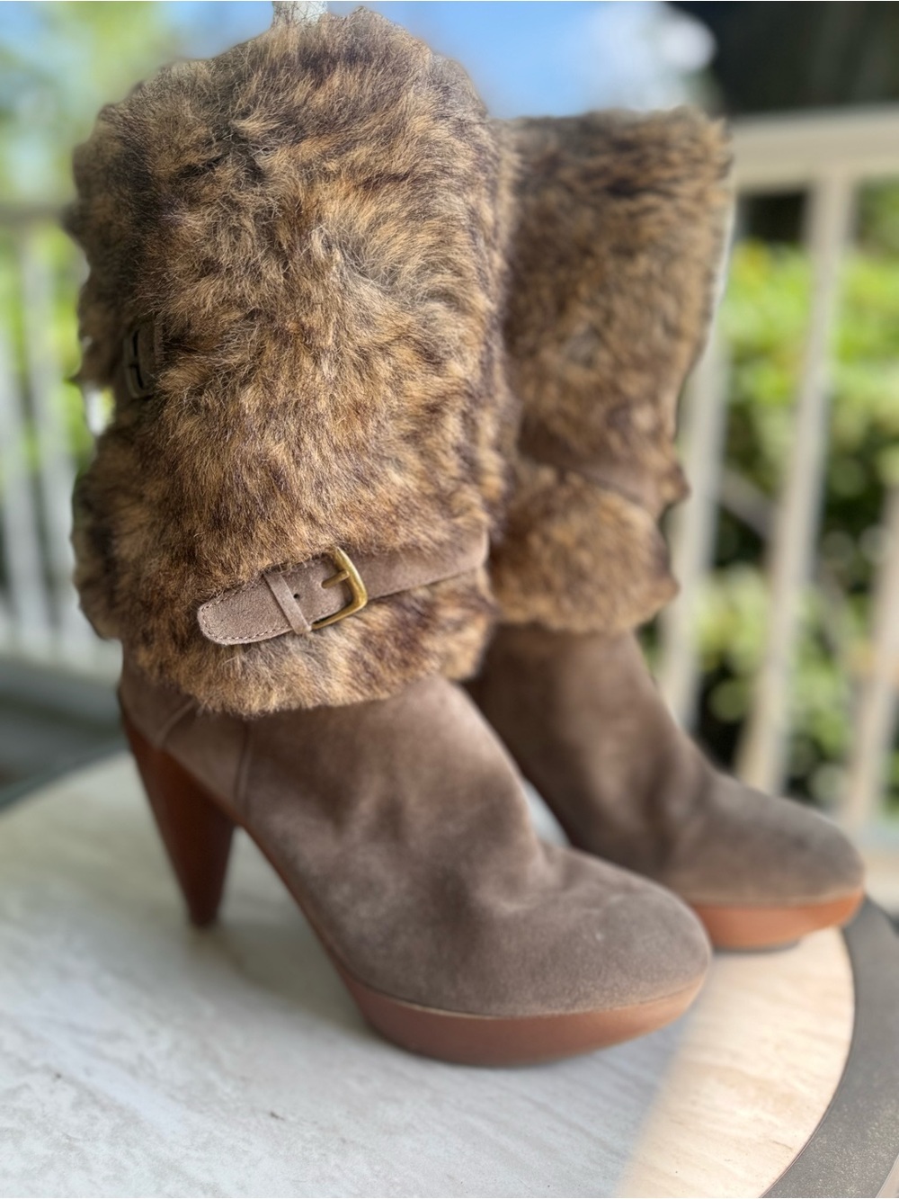 Nine West Taupe Faux-Fur Cuff Suede Platform Boots Y2K